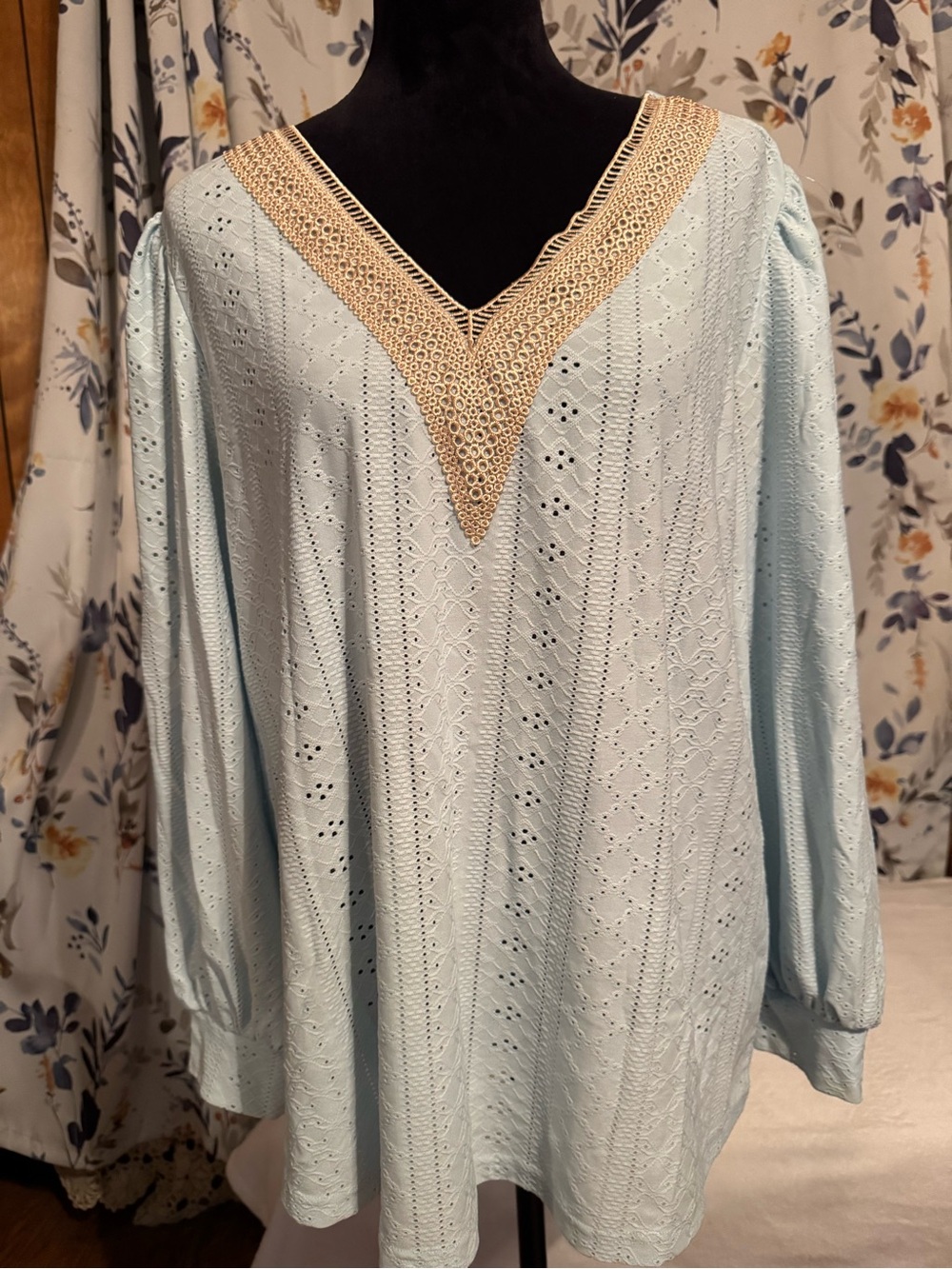 Women’s Light Blue Eyelet V-Neck Top with Cream Trim